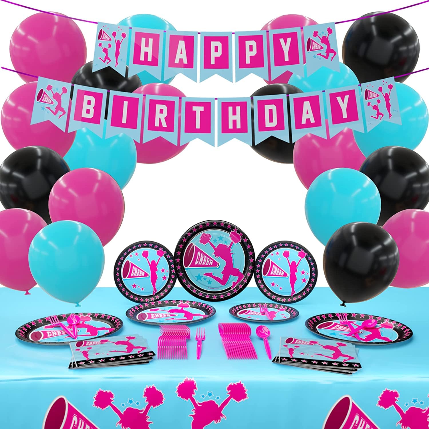 Contains: 9" Dinner Plates - 7" Dessert Plates - Lunch Napkins - Happy Birthday Banner - 108" x 54" Cheerleader Table Cover - Pink Balloons - Blue Balloons - Black Balloons - Hot Pink Spoons - Hot Pink Forks - Glue Dots.