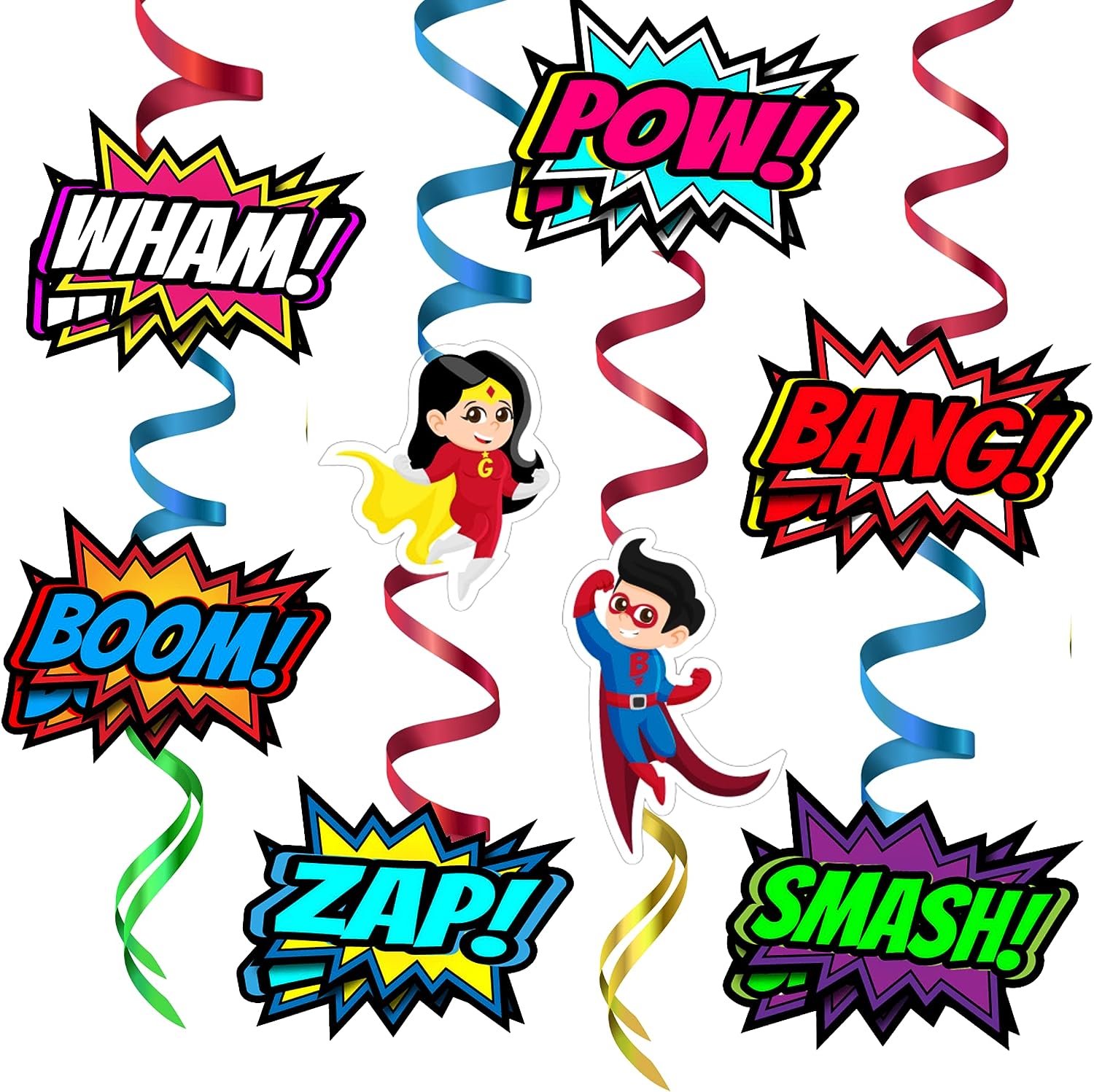 SWIRLS AND CUTOUTS - Contains: Double Printed Comic Superhero Cutouts - Red Single Swirls - Blue Single Swirls - Yellow Double Swirls - Green Double Swirls.