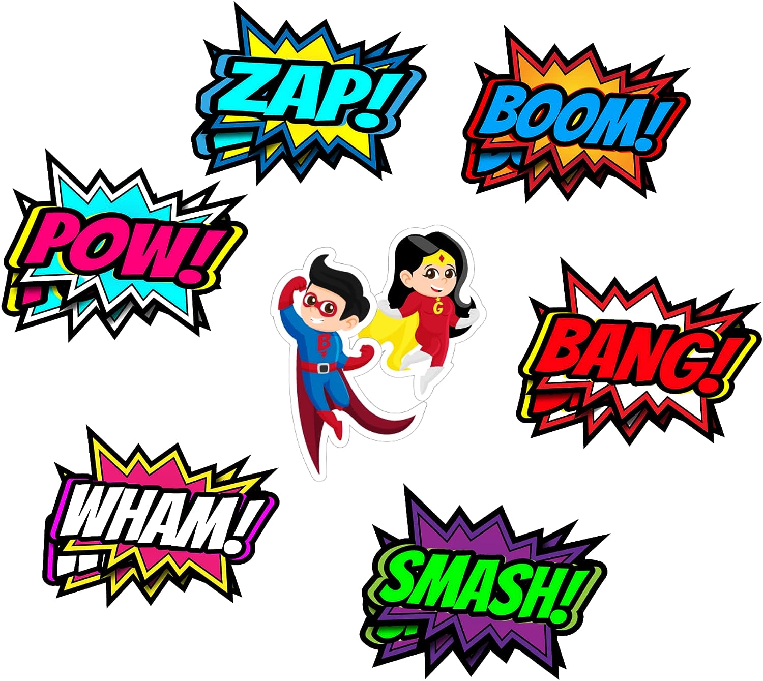 ZAP!, BOOM!, POW!, BANG!, WHAM! SMASH! Girl and Boy Superhero Cutouts