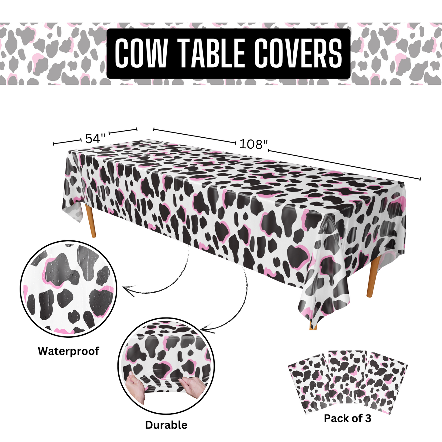 Cow Print Tablecovers - 54in x 108in (3 Pack)