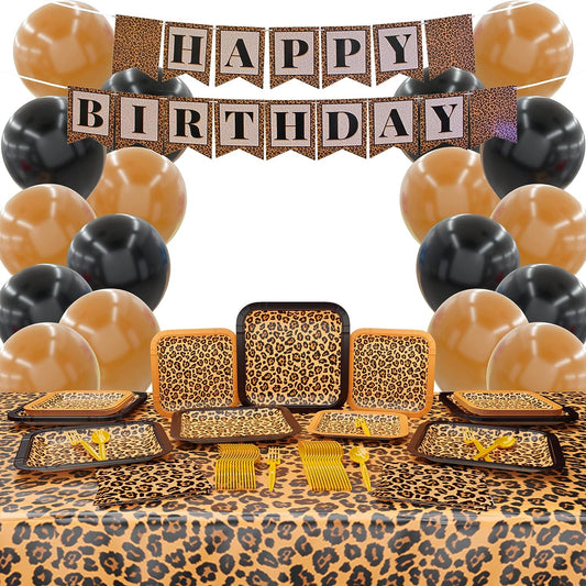 9-inch paper dinner plates, 7-inch paper dessert plates, paper lunch napkins, birthday banner, plastic table covers 108” x 54”, brown plastic forks, and brown plastic spoons, Brown Latex Balloons, Black Latex Balloons.