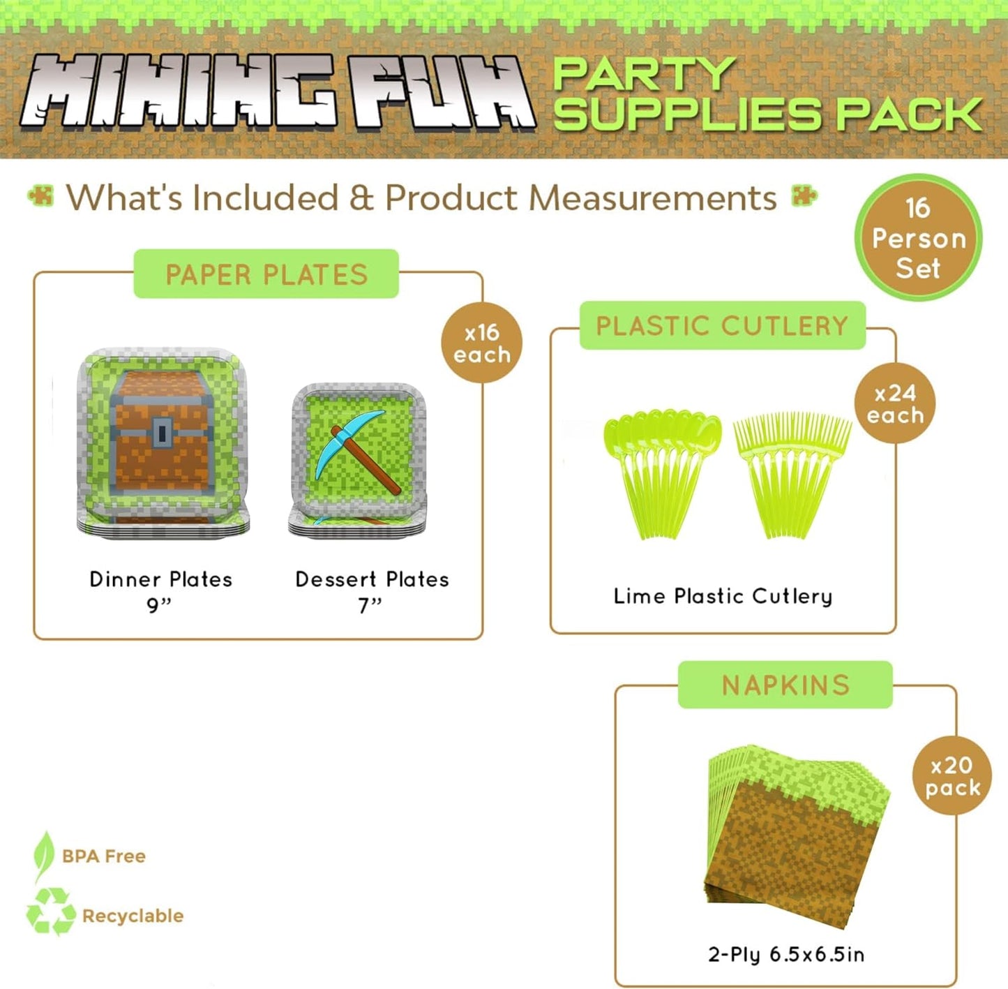 Mining Fun Party Supplies Packs (116 Pieces for 16 Guests)