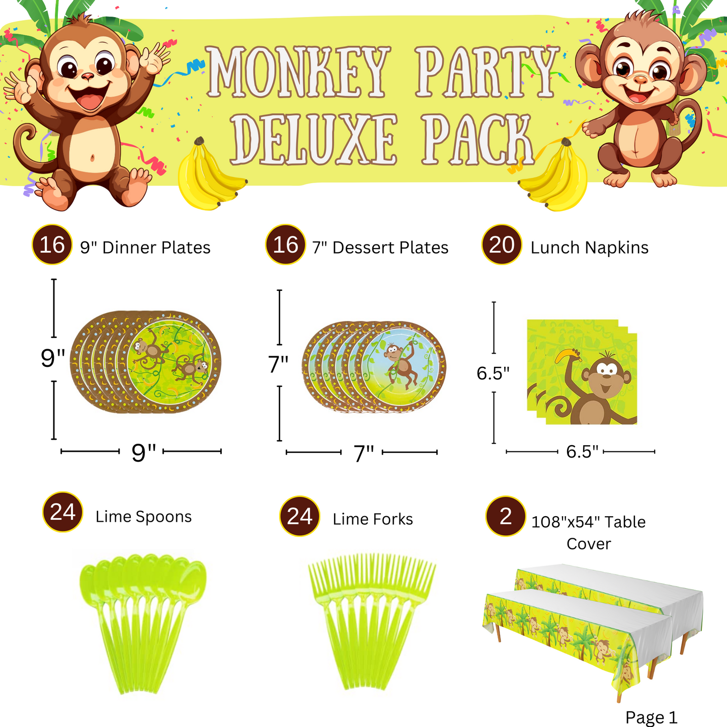 Monkey Party Deluxe Party Supplies Packs (For 16 Guests)