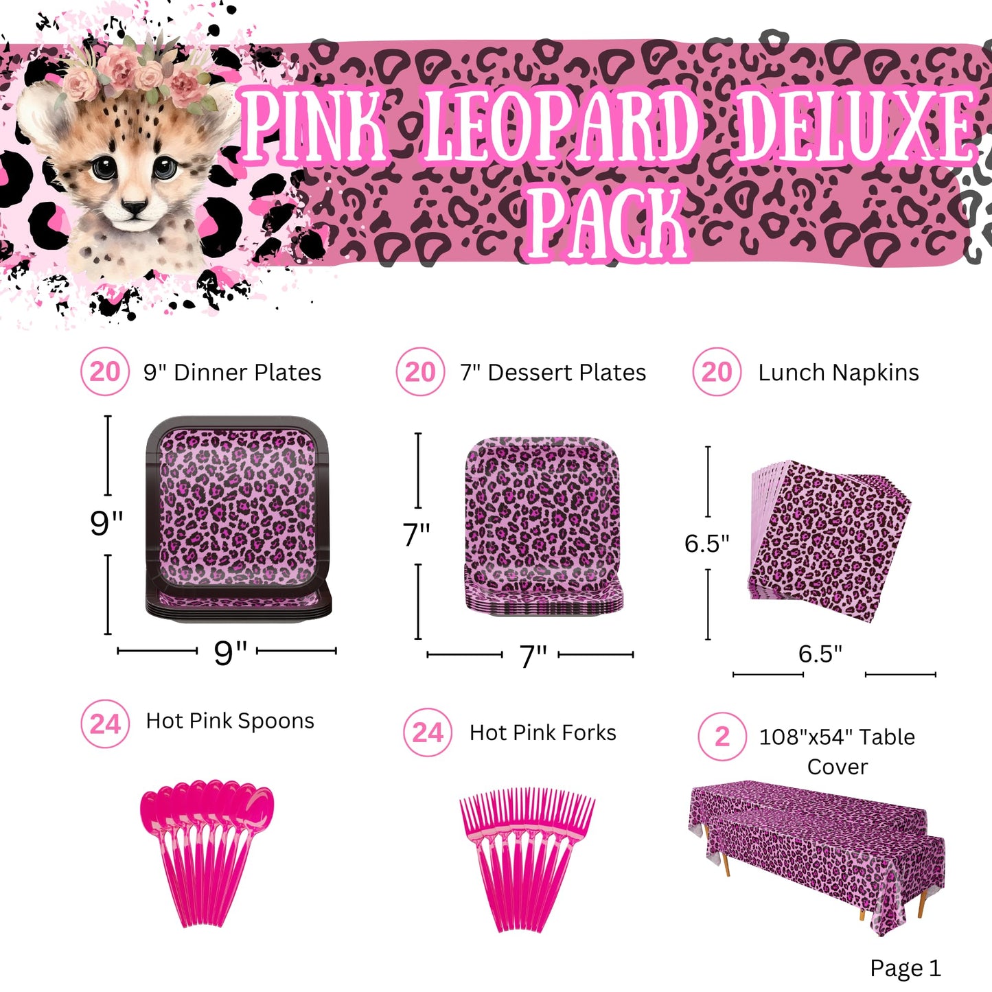 Pink Leopard Deluxe Party Supplies Packs (For 16 Guests)