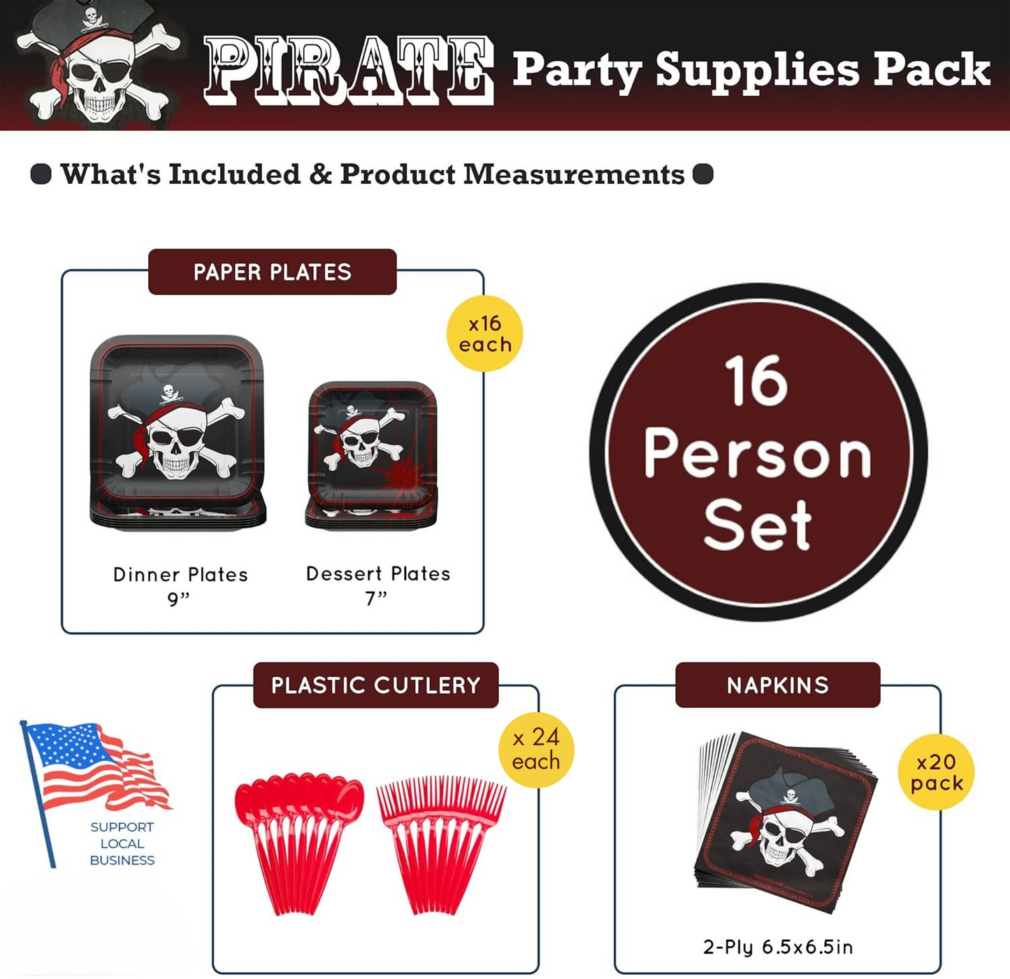 Pirate Party Supplies Pack (100 Pieces for 16 Guests)
