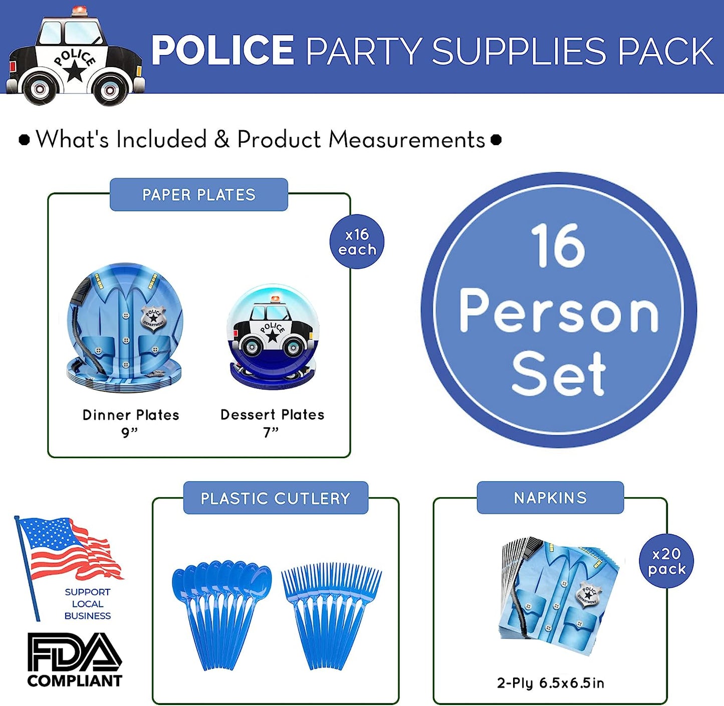 Police Party Supplies Packs (100 Pieces for 16 Guests)