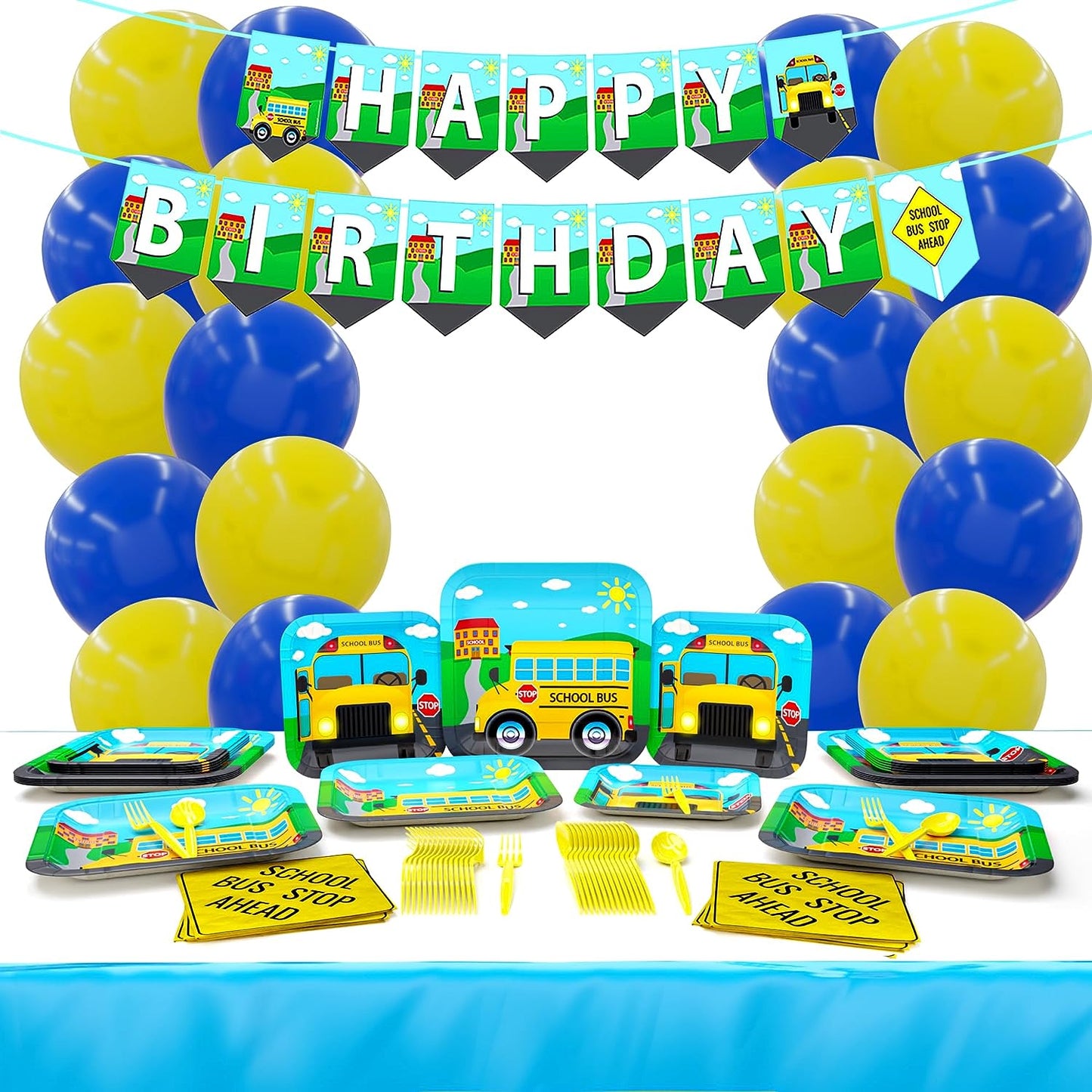 9-inch paper dinner plates, 7-inch paper dessert plates, paper lunch napkins, 108” x 54” plastic table covers, blue balloons, yellow balloons (Note: Balloons recommended size is 10-inches, overblowing may cause them to pop.), banner, yellow plastic forks, and yellow plastic spoons