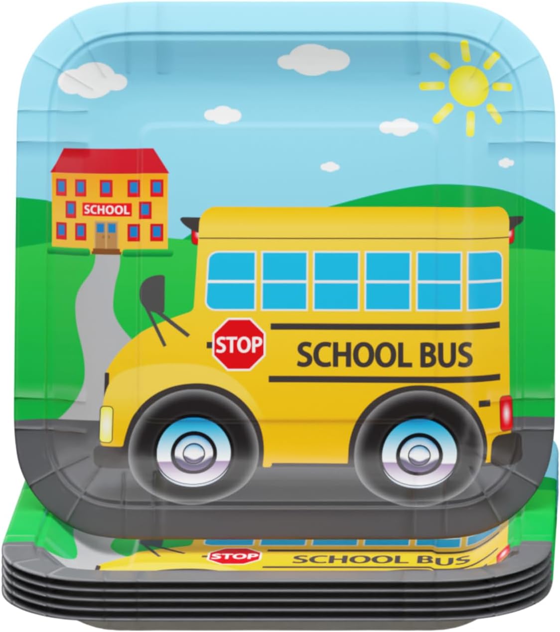 Set of 'School Bus 7' Dessert Plates featuring a school bus design, ideal for birthday parties or school-themed celebrations.