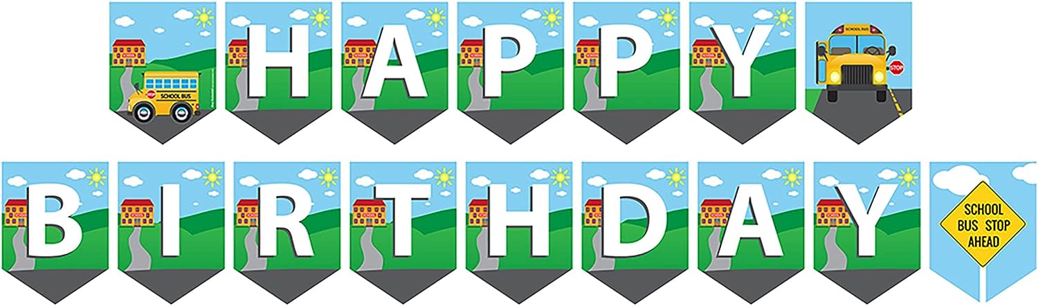 Colorful School Bus-themed Happy Birthday Banner with cheerful designs and vibrant colors, perfect for a fun and celebratory atmosphere.