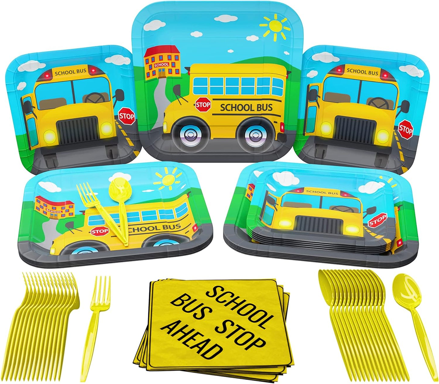 9-inch paper dinner plates, 7-inch paper dessert plates, paper lunch napkins, yellow plastic forks, and yellow plastic spoons