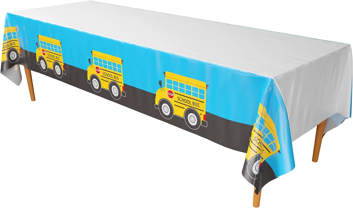 Colorful School Bus-themed Plastic Table Covers with cheerful designs and vibrant colors, perfect for a fun and celebratory atmosphere.