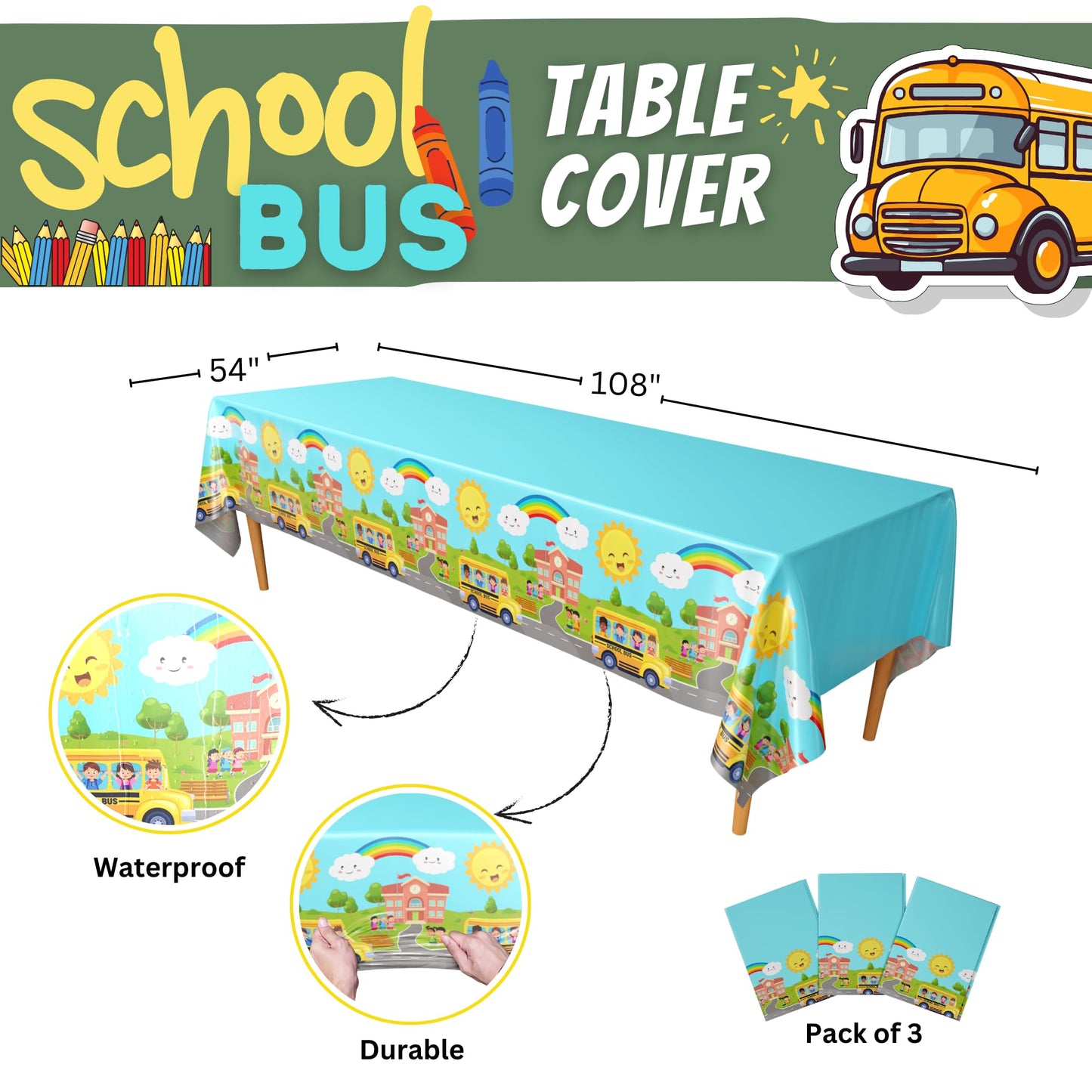 School Bus Tablecovers - 54in x 108in (3 Pack)