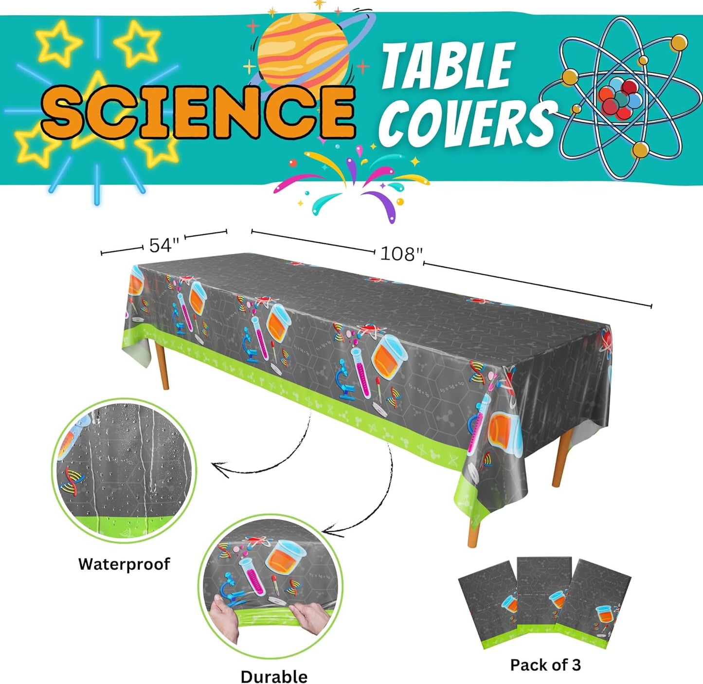Mad Scientist Party Table Covers - 54in x 108in (3 Pack)