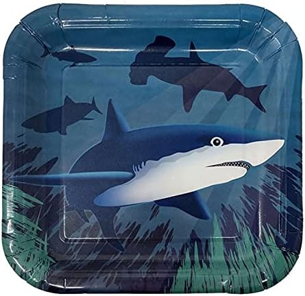 Set of 'Shark Themed 7' Dessert Plates featuring a shark design, ideal for ocean-themed parties and adding a splash of excitement to your table setting.