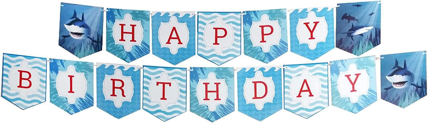 Vibrant Shark Themed Happy Birthday Banner with adorable shark illustrations, perfect for an exciting aquatic celebration.