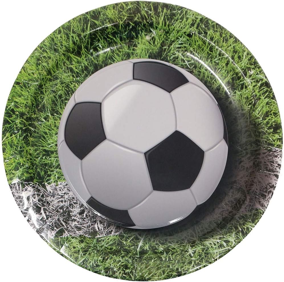 Soccer Themed Dinner Plates featuring a sporty design with soccer balls, great for soccer-themed parties and sports enthusiasts.