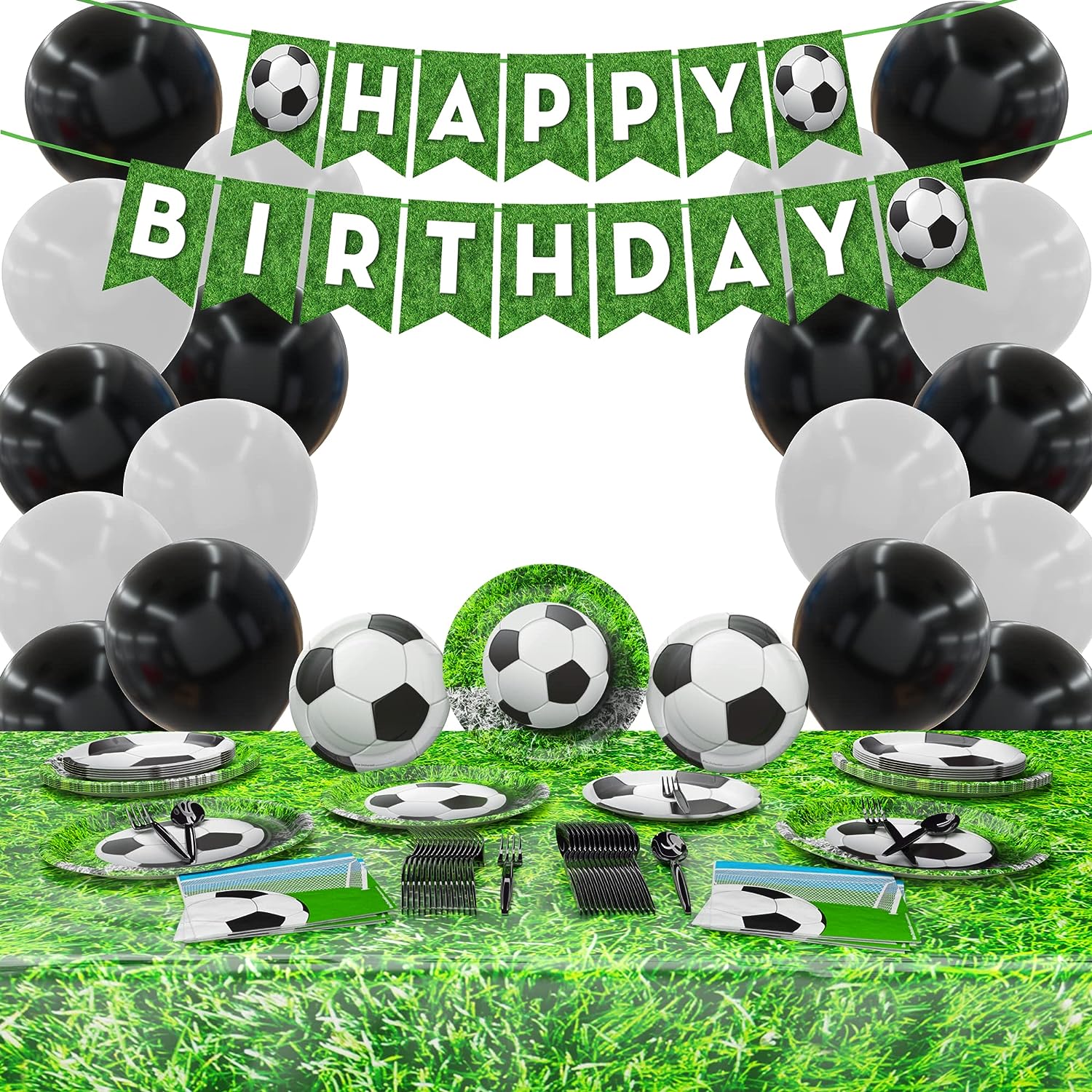 These fun Soccer Deluxe Party Supplies Packs 16 Soccer Dinner Plates, 16 Soccer Dessert Plates, 20 Soccer Lunch Napkins, 2 Grass Table Covers, 1 Soccer Banner, 10 White Balloons, 10 Black Balloons, Plastic Forks, and Plastic Spoons.