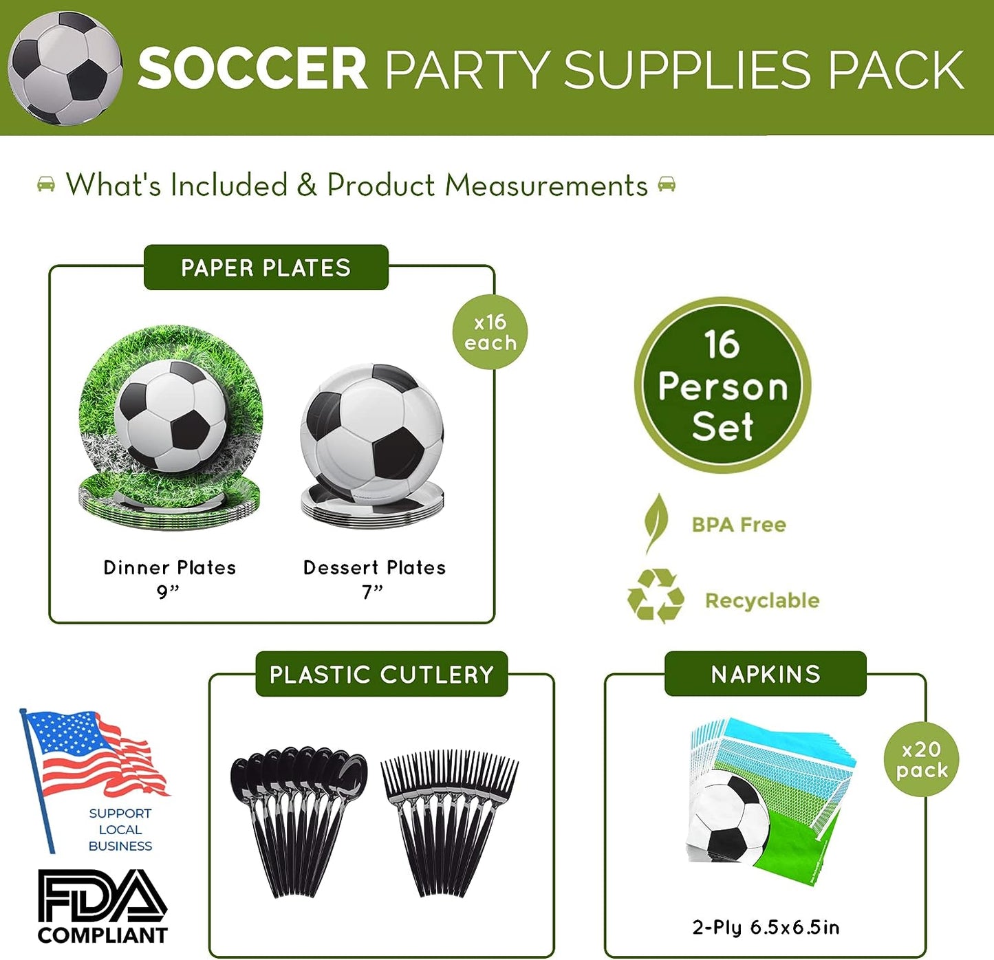 Soccer Party Supplies Packs (For 16 Guests)