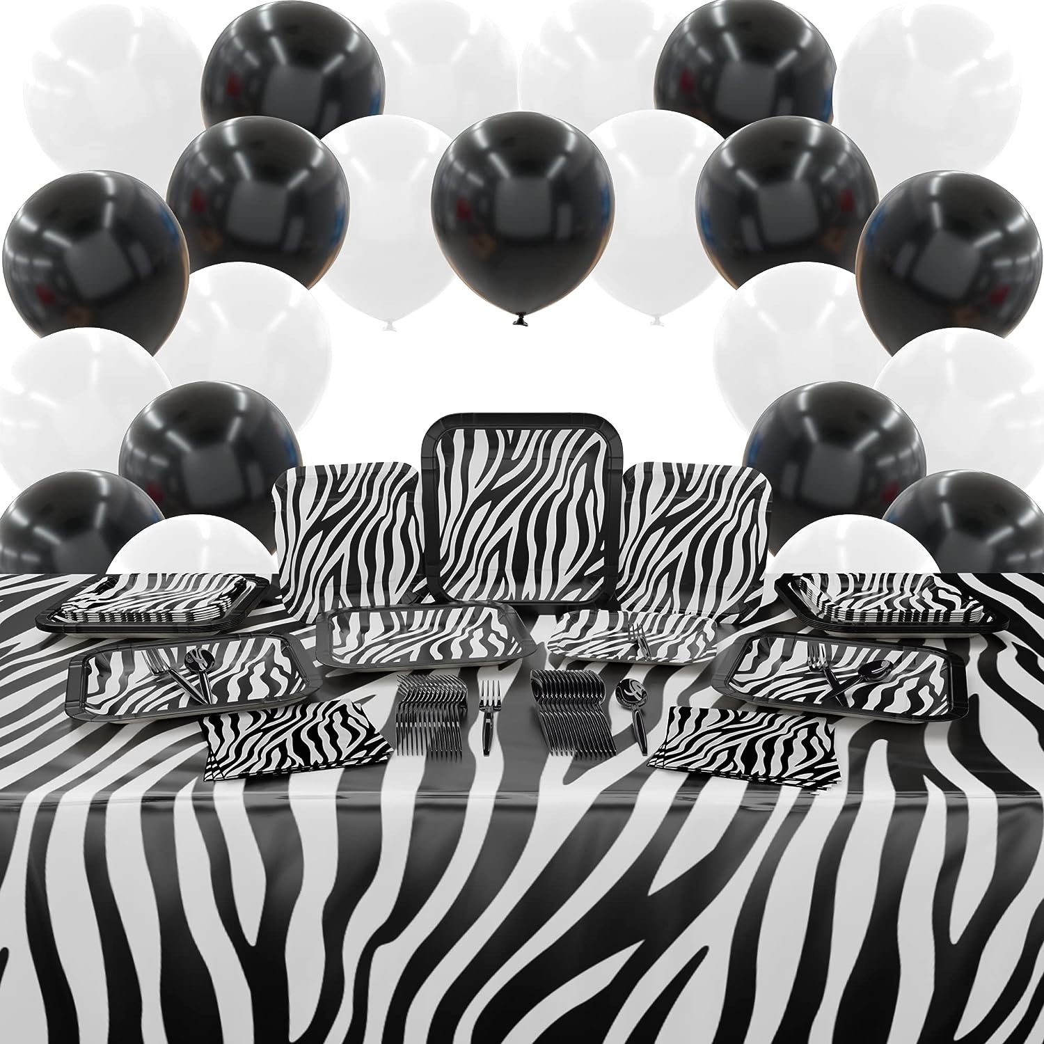 Zebra Stripe Deluxe Party Supplies Packs (Serves 16) includes 16 9-inch paper dinner plates, 16 7-inch paper dessert plates, 20 paper lunch napkins, 2 plastic table covers, 24 black plastic forks, 24 black plastic spoons, 10 black balloons, and 10 white balloons.