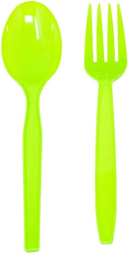 Image depicting a set of lime green plastic forks and spoons perfectly matching the Minecraft party theme. The forks are made of durable plastic material and have a bright, vibrant color that adds a fun touch to the party decor. These disposable forks are ideal for serving food and snacks to guests, making clean-up a breeze after the party.
