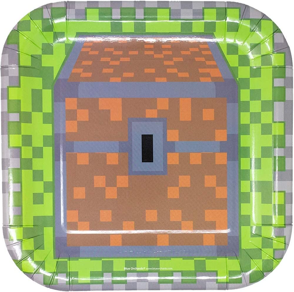 Image showing a set of 9-inch dinner plates with Minecraft designs, perfect for a Minecraft-themed party or event. The square-shaped plates showcase popular Minecraft icons, with a pixelated design that stays true to the game's aesthetic. Made of sturdy paper material, these plates are ideal for serving food and snacks to guests while adding a fun touch to the party decor.