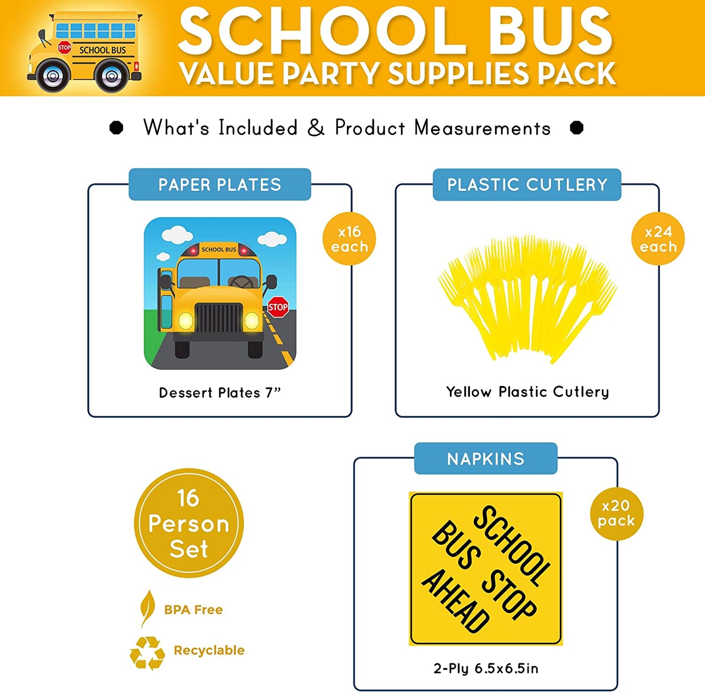 School Bus Value Party Supplies Packs (For 16 Guests)