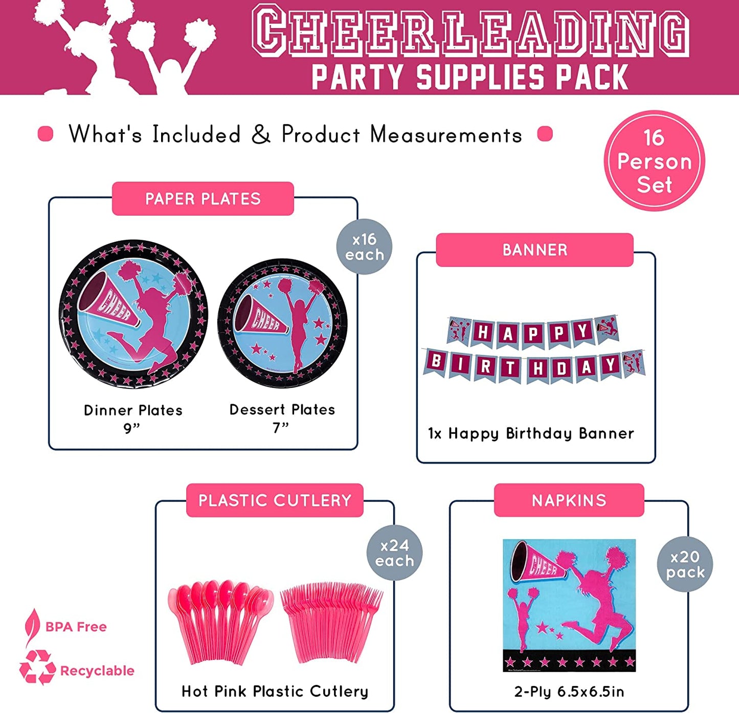 Cheerleading Party Supplies Packs (For 16 Guests)