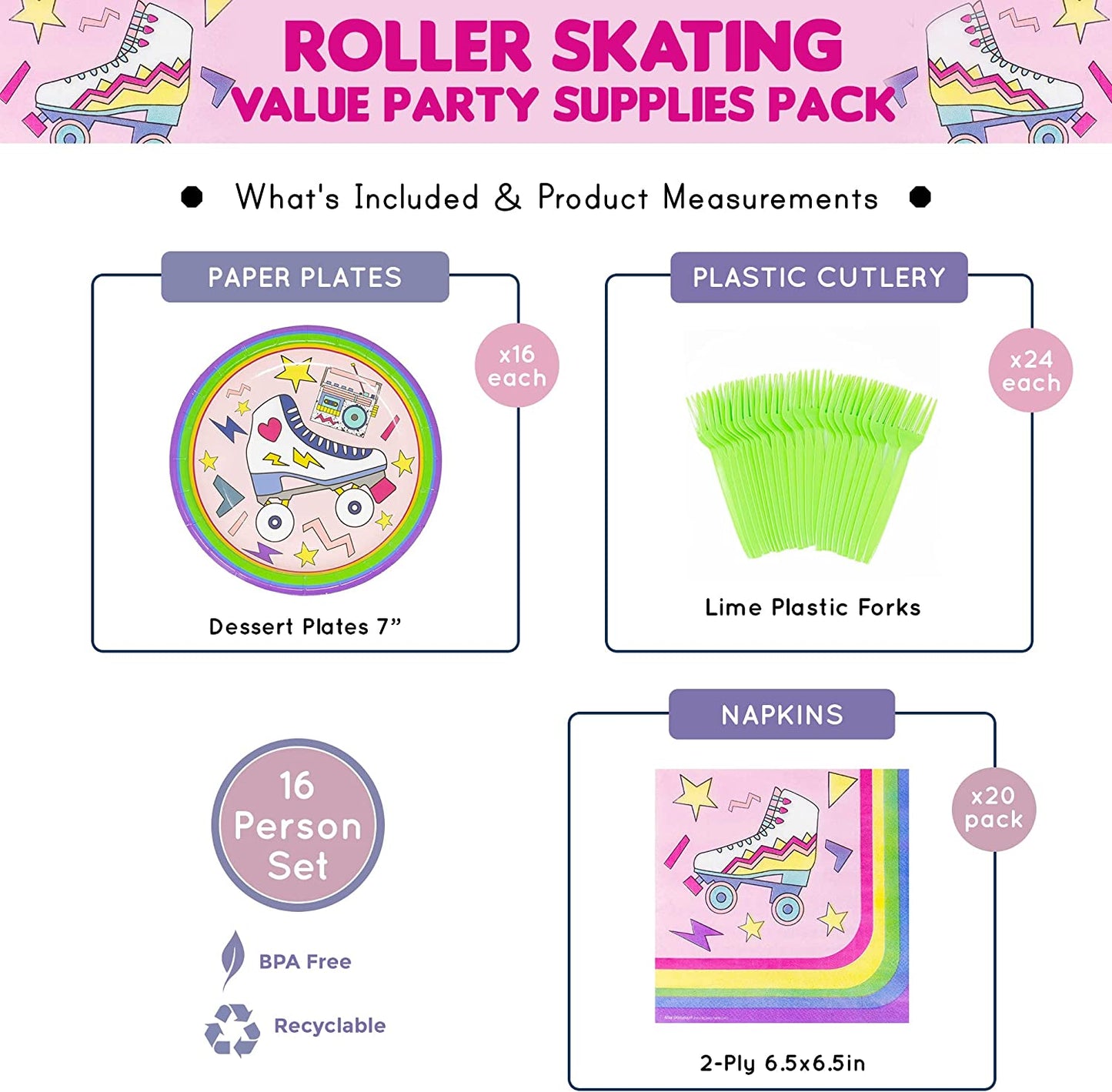 Roller Skate Value Party Supplies Packs (For 16 Guests)