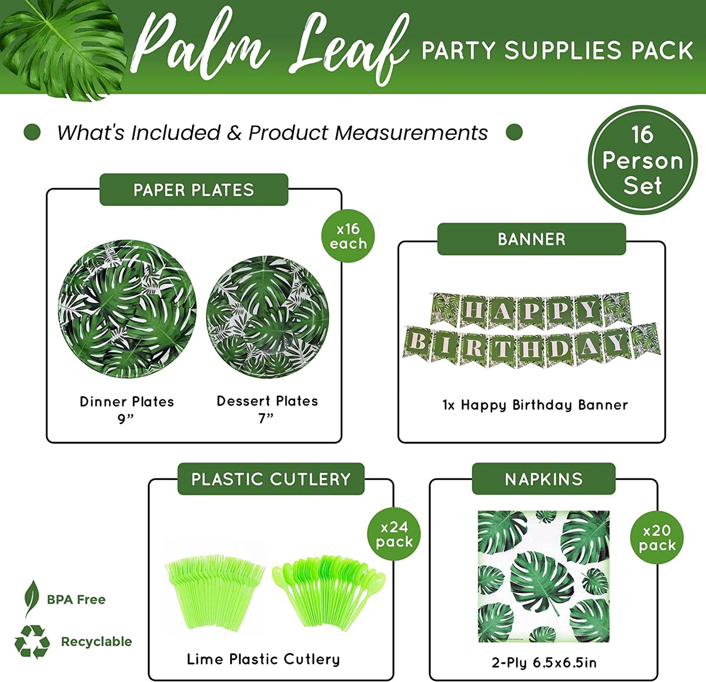 Palm Leaf Party Supplies Packs (For 16 Guests)