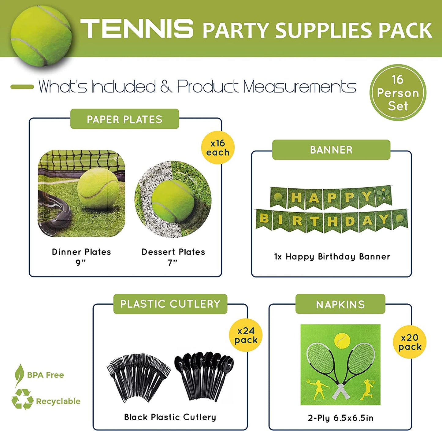 Tennis Party Supplies Packs (For 16 Guests)