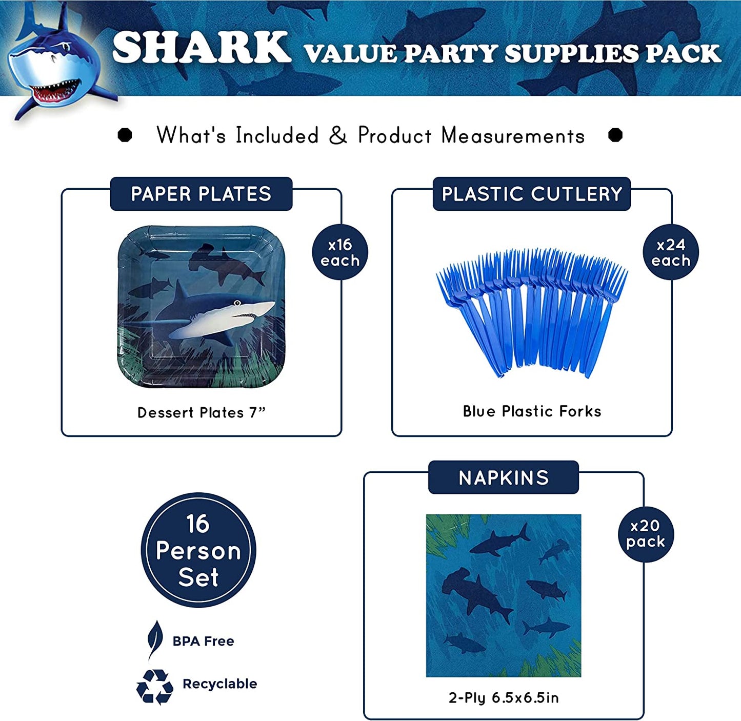 Shark Value Party Supplies Pack (60 Pieces for 16 Guests)