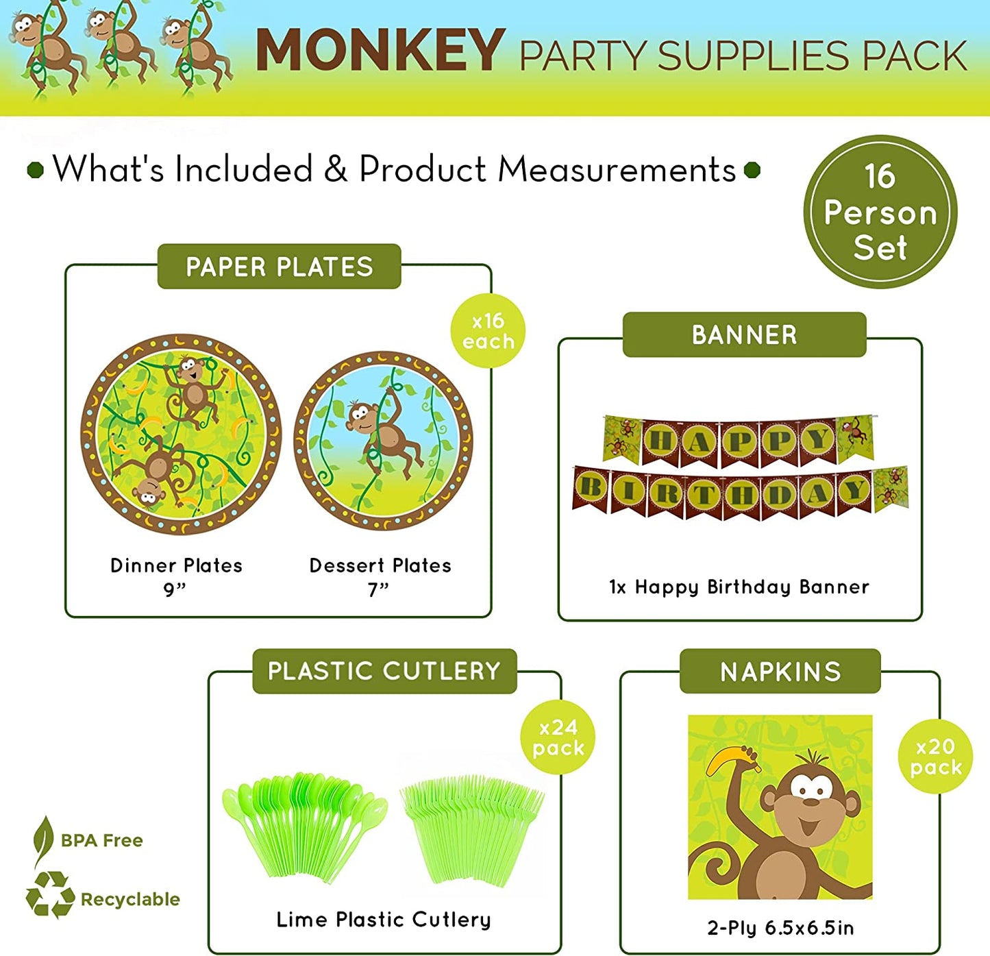 Monkey Party Supplies Packs (For 16 Guests)