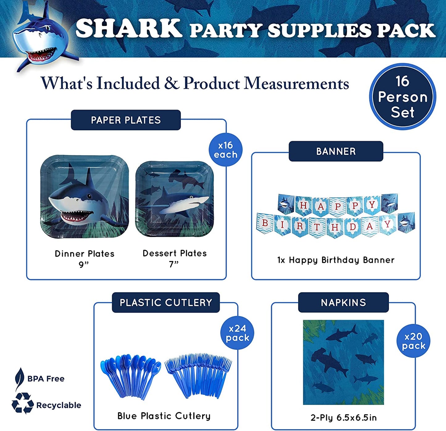 Shark Party Supplies Packs (For 16 Guests)