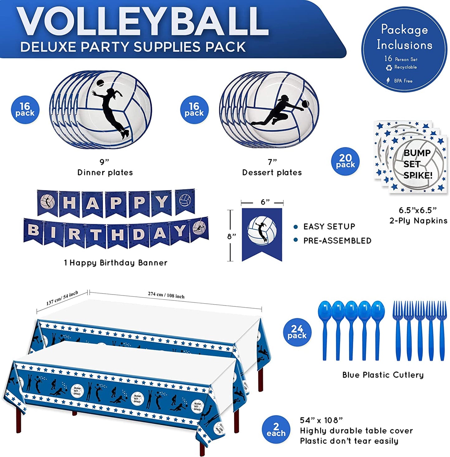 Volleyball Deluxe Party Supplies Packs (For 16 Guests)