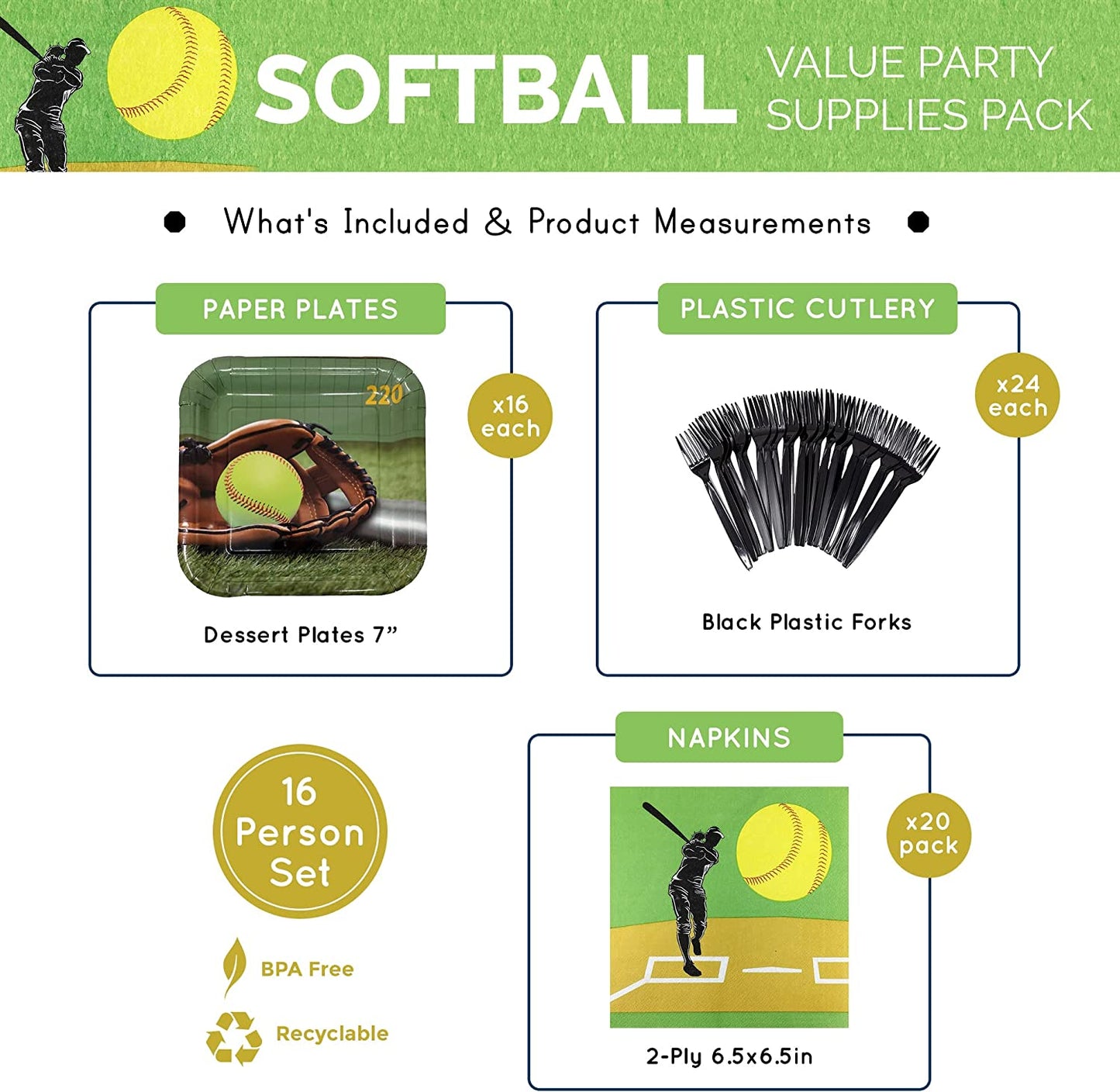 Softball Value Party Supplies Packs (For 16 Guests)