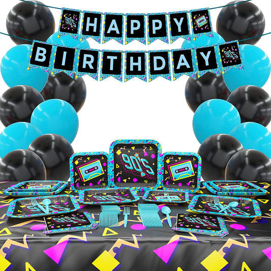 Image of the 90s Deluxe Party Supplies Pack, a complete set of party supplies for any 90s themed celebration. The pack includes 9-inch paper dinner plates, 7-inch retro style paper dessert plates, neon 90's paper lunch napkins, plastic table covers, happy birthday banner, teal balloons, black balloons, light blue plastic forks, and light blue plastic spoons. Perfect for any 90s themed party, these supplies will add a pop of color and nostalgia to any celebration.