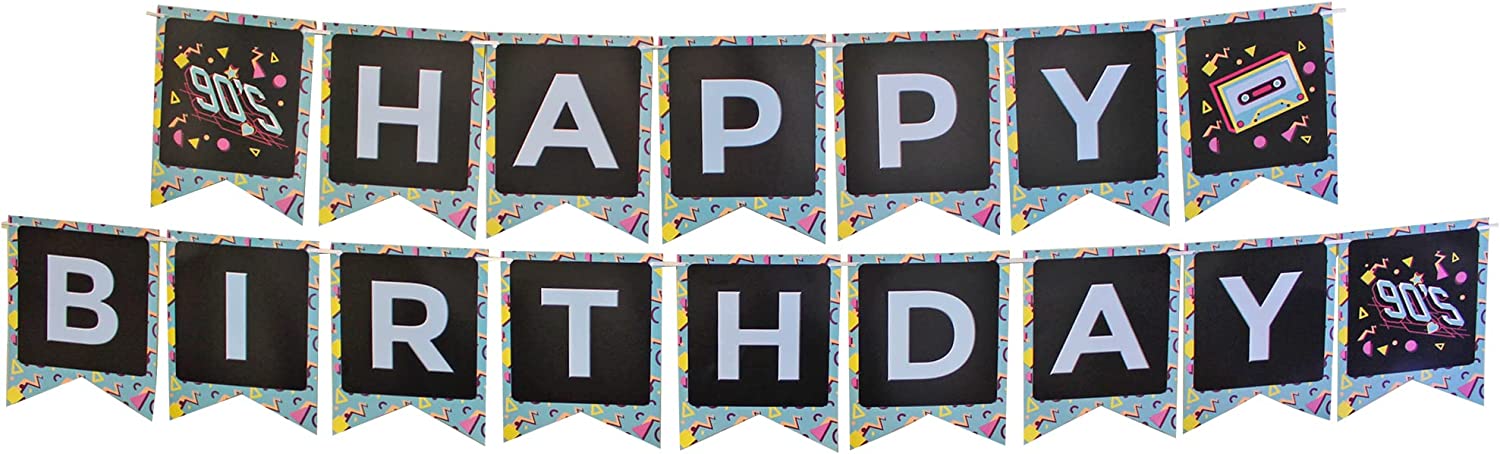 Image of a Happy Birthday Banner featuring a 90s party theme. The banner is 6 inches x 8 inches, featuring a retro design that will add a fun and nostalgic touch to any 90s themed celebration.