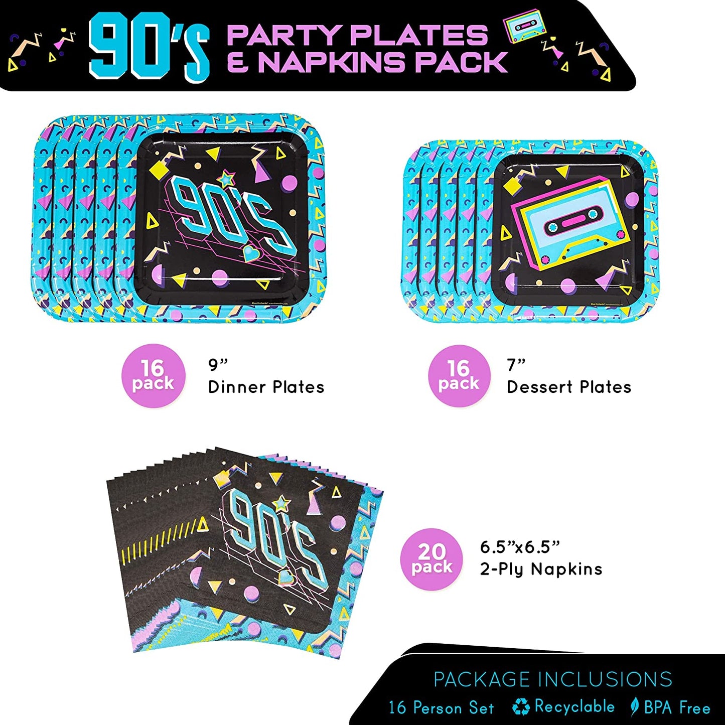 16pcs 9" Dinner Plates, 16pcs 7" Dessert Plates, and 20pcs Lunch Napkins