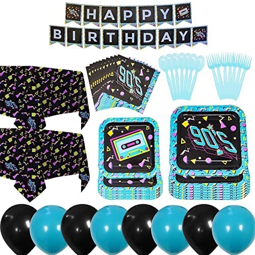 Image of the 90s Deluxe Party Supplies Pack, a complete set of party supplies for any 90s themed celebration. The pack includes 9-inch paper dinner plates, 7-inch retro style paper dessert plates, neon 90's paper lunch napkins, plastic table covers, happy birthday banner, teal balloons, black balloons, light blue plastic forks, and light blue plastic spoons. Perfect for any 90s themed party, these supplies will add a pop of color and nostalgia to any celebration.