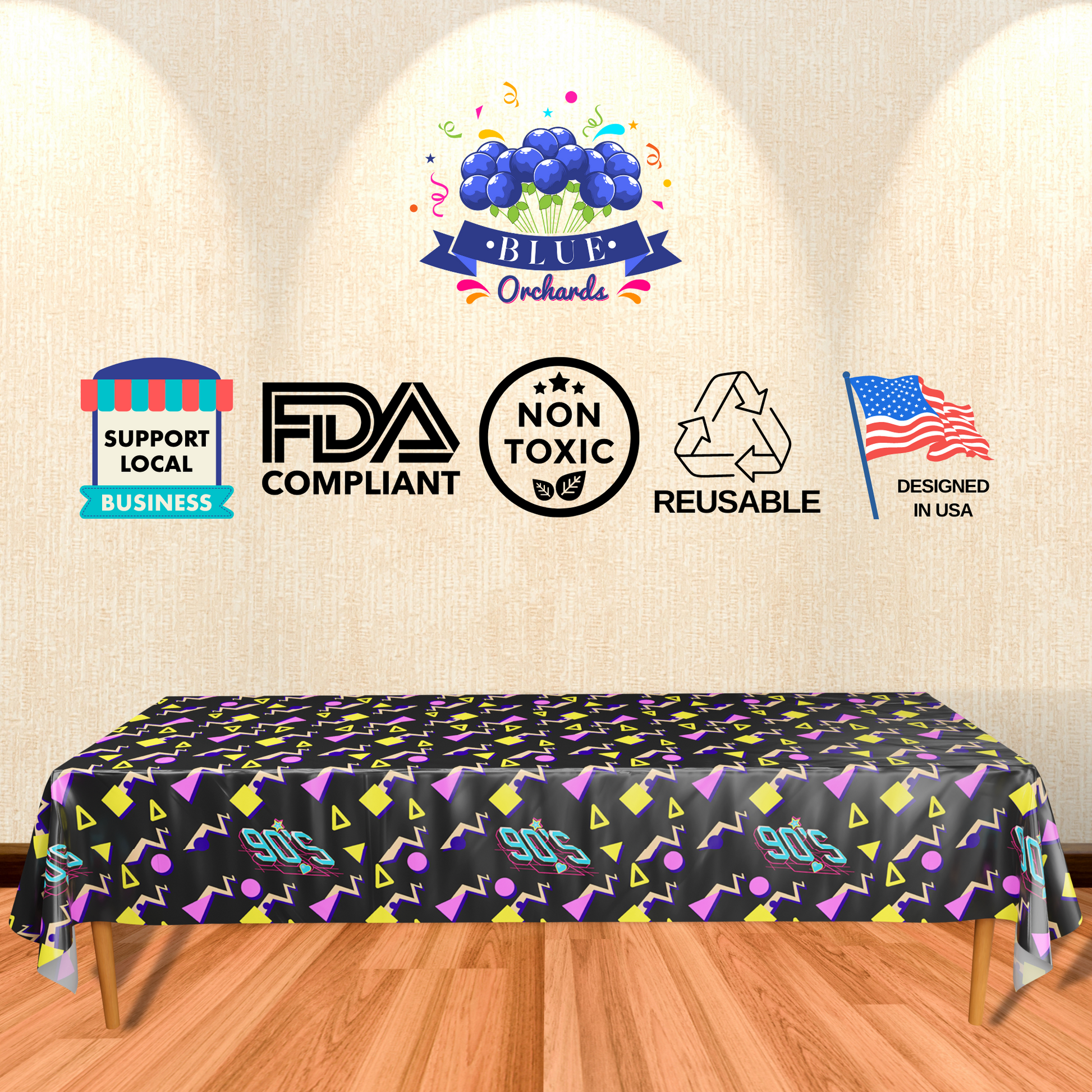 90s Party Table Cover - FDA compliant, Non Toxic, Reusable, Designed in USA