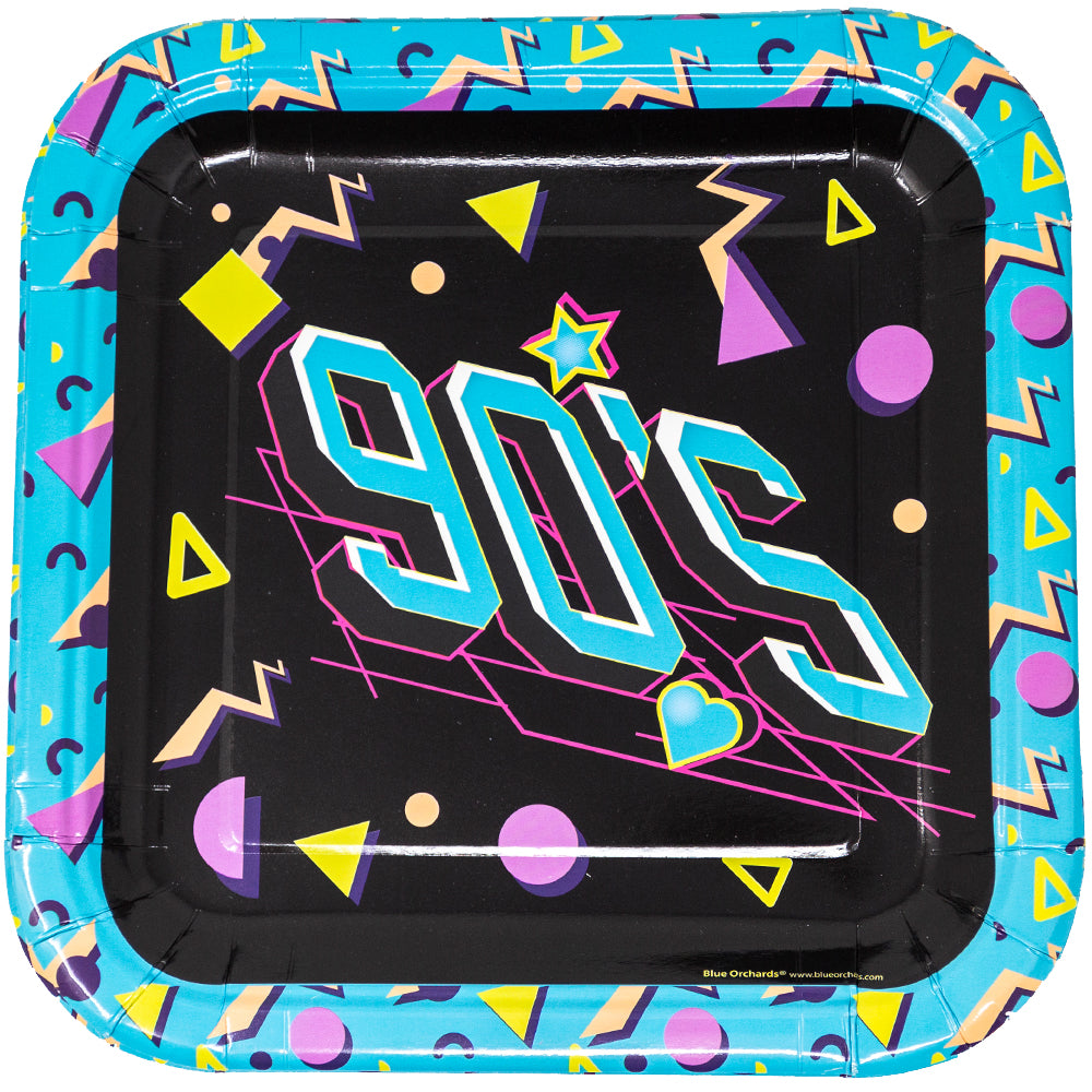 Image of the paper dessert plates featuring a 90s party theme. The plates are 7 inches in diameter and come in a set of 16, featuring a retro design that will add a fun and nostalgic touch to any 90s themed celebration.