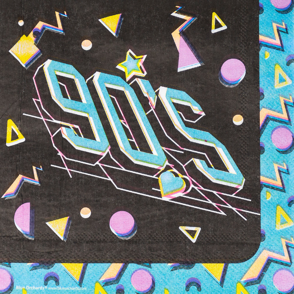 Image of the paper lunch napkins featuring a 90s party theme. The napkins are 2-Ply 6.5 inches x 6.5 inches and come in a set of 20, featuring a retro design that will add a fun and nostalgic touch to any 90s themed celebration.