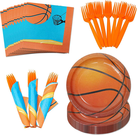 7-inch paper dessert basket ball plates, paper lunch napkins, and orange plastic forks