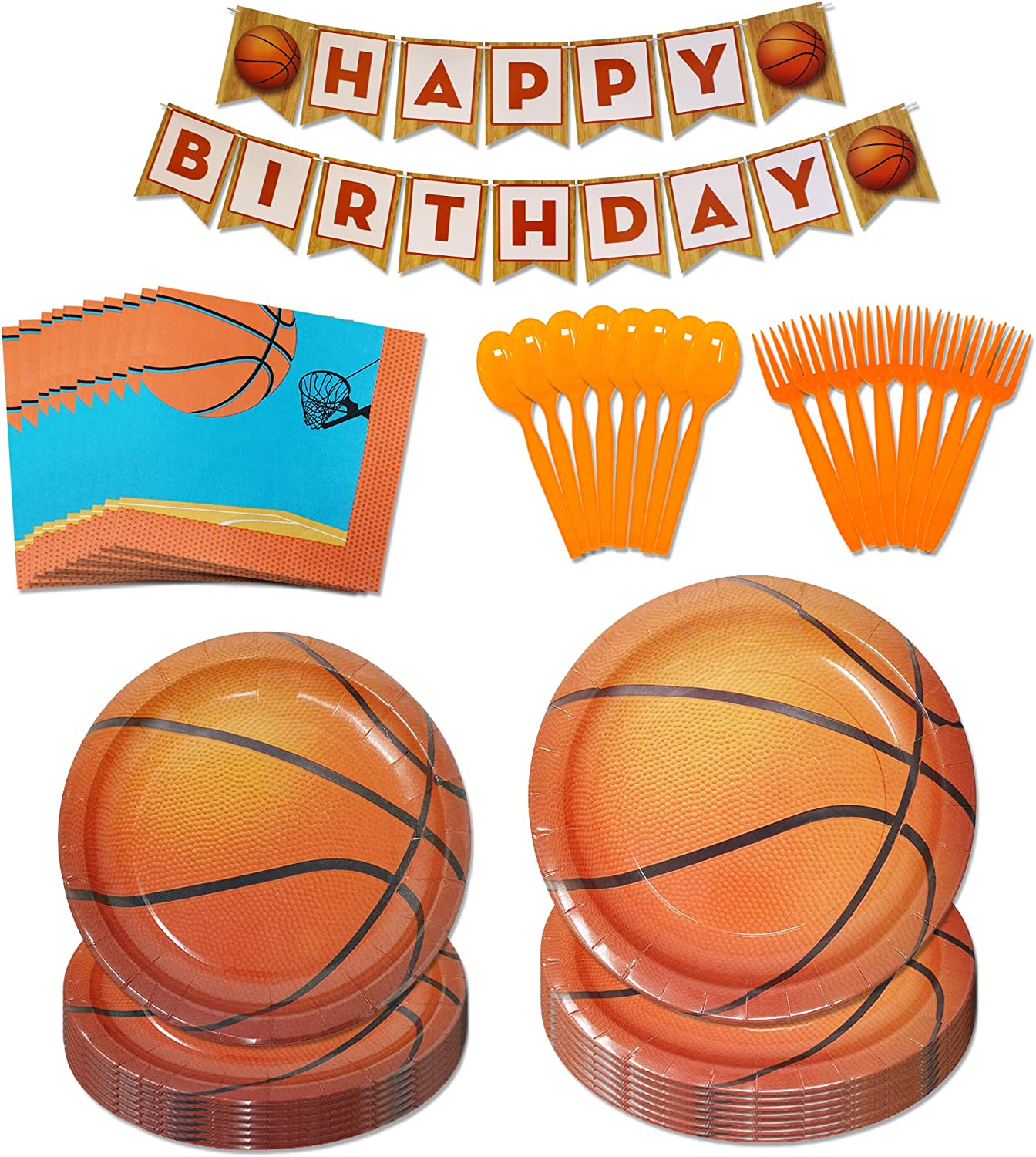 basketball vibrant dinner plates, hardwood style dessert plates, basketball lunch napkins, happy birthday banner, orange plastic spoons, orange plastic forks