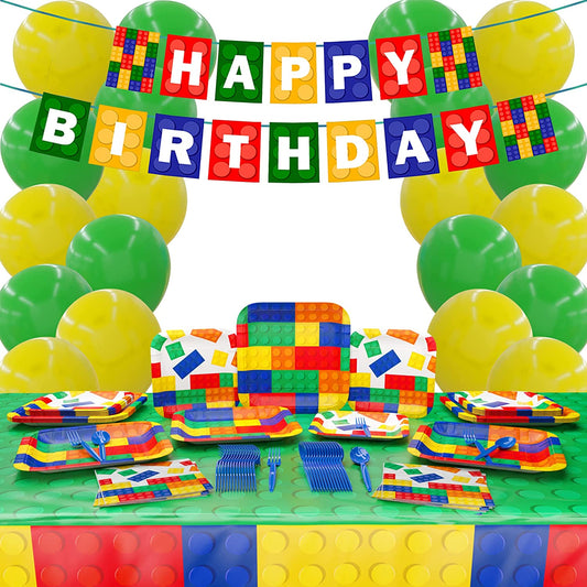 Brick Deluxe Party Supplies Packs - dinner plates, dessert plates, fun lunch napkins, birthday banner, Green balloons, yellow balloons, plastic table covers, blue plastic forks, and blue plastic spoons