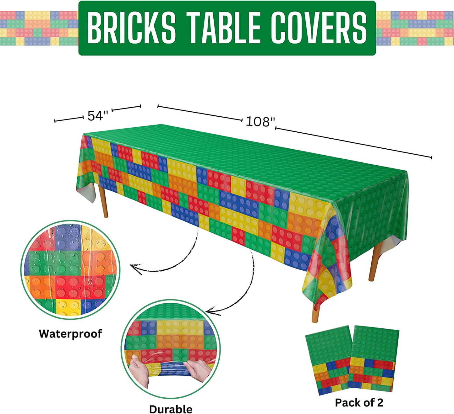 FDA Compliant, Non Toxic, and Reusable Brick Table Covers | Brick Table Covers 54"x108" XL | Building Blocks Party Table Covers, Gamer Birthday Party Table Covers, Building Blocks Birthday Table Covers, Kids Birthday Party Table Covers, Birthday Table Covers for Boys