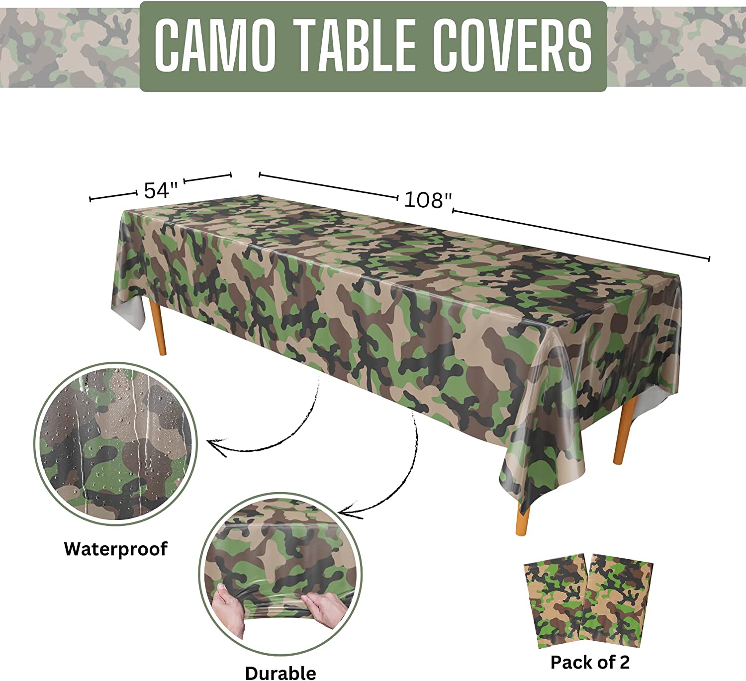 Waterproof and Durable Camo Party Table Covers (Pack of 2) - 54"x108" XL - Camouflage Party Supplies, Camo Party Supplies, Camo Plastic Table Cover, Army Table Cover, Camo Theme Party, Army Green Party