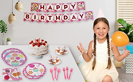 Candy Party Supplies Packs set up with a girl, Candy Party Decorations for kids, Candy Plates and Napkins for daugher, Ice Cream Party with a girl, Candyland Birthday Party Supplies for girls