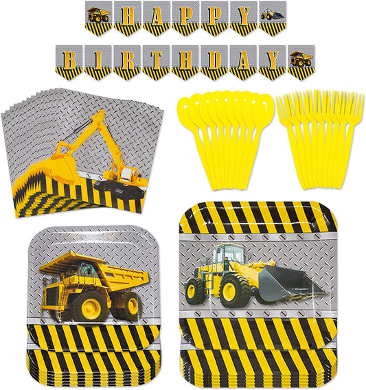 Construction Birthday Party Supplies Pack | 9-inch paper dinner plates | 7-inch paper dessert plates | paper lunch napkins | Happy Birthday Banner | yellow plastic forks | yellow plastic spoons