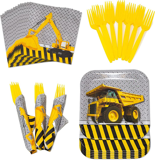 7-inch paper dessert plates, paper lunch napkins, and yellow plastic forks
